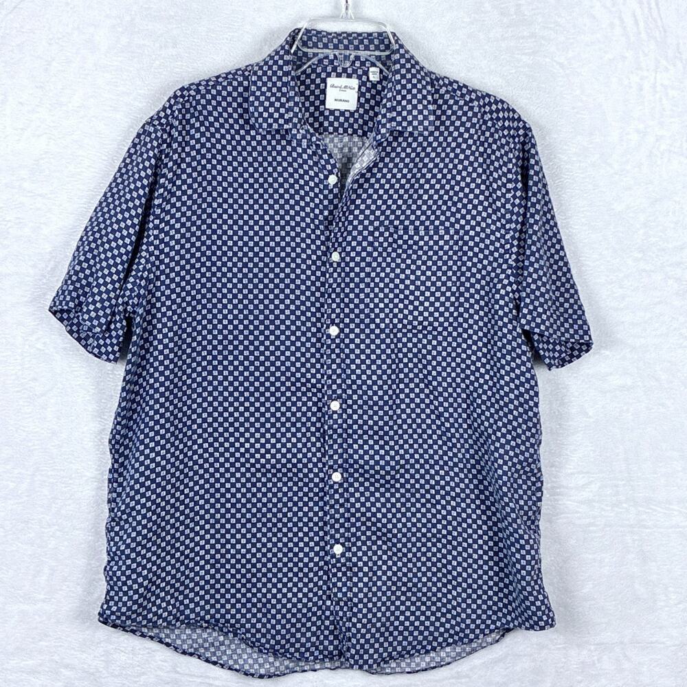 Baird McNutt Murano Shirt Mens L Navy Linen Square Geometric AOP Preppy Camp